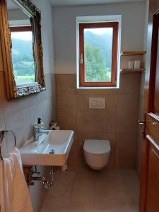 ein Bad mit einem Waschbecken, einem WC und einem Fenster in der Unterkunft Chalet Peter in Zell am See