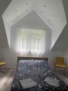 a bedroom with a large bed in a attic at Zakątek Wenantego Apartament in Kopalino