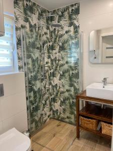 a bathroom with a shower and a sink at Zakątek Wenantego Apartament in Kopalino