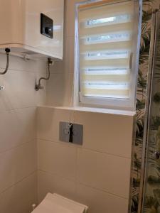 a small bathroom with a toilet and a window at Zakątek Wenantego Apartament in Kopalino