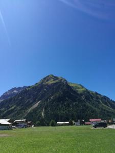 a mountain in the distance with a green field and houses at Ferienwohnung Zunzer in Mittelberg