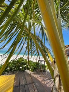 a view of a beach from under a palm tree at Zanzibar Tiny Villa at La Villa De Victor in Matemwe