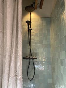 La salle de bains est pourvue d'une douche avec rideau de douche. dans l'établissement Encore une fois, Entre deux, à Locmalo