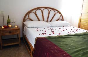 a bedroom with a bed with red flowers on it at Villa Karel in Riambel