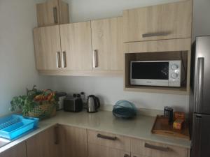cocina con armarios de madera y microondas en Villa Karel, en Riambel