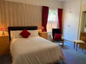 a bedroom with a large bed with red pillows at Cheriton Lodge in Burnham on Sea