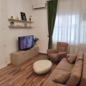 sala de estar con sofá y TV en B8 - Spacious, Charming Apartment in Central Sibiu, en Sibiu