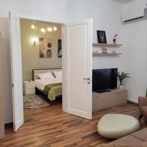 a bedroom with a bed and a television in it at B8 - Spacious, Charming Apartment in Central Sibiu in Sibiu