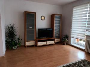 a living room with a flat screen tv and two windows at Apartmán u Anny in Štrba