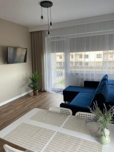 a living room with a blue couch and a window at Apartamenty Termalne na Długiej 8 in Uniejow
