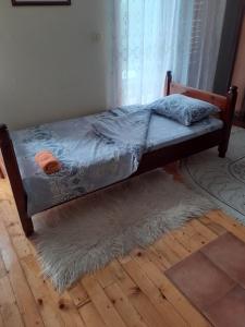 a bed sitting in a room with a rug at Studio apartman jelena in Zaovine