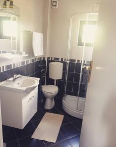 a bathroom with a sink and a toilet and a shower at Motel Luka in Sarajevo