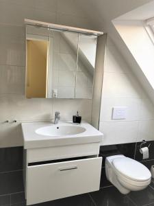 La salle de bains blanche est pourvue d'un lavabo et de toilettes. dans l'établissement Haus Hotel & Pension am Birnengarten, à Magdebourg