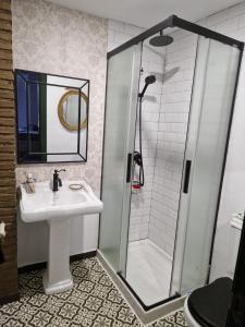uma casa de banho com um lavatório e um chuveiro em Apartamentos Garam em Granada