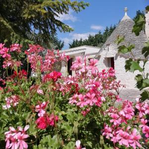 un jardín de flores rosas frente a una casa en Trulli Villa Gloria, en Alberobello