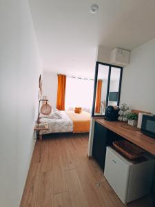 a bedroom with a bed and a mirror in it at La suite d'Arches in Charleville-Mézières