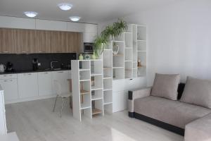 a living room with a couch and a kitchen at LEO Apartment FREE PARKING!!! in Bratislava