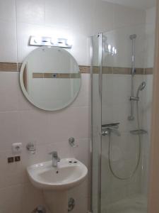 ein Badezimmer mit Dusche, Waschbecken und Spiegel in der Unterkunft Auszeit am Fähranleger in Grünendeich