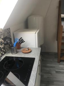 a kitchen with a stove and a refrigerator at LA MANSARDE - AU CŒUR DE LA VIEILLE VILLE in Boulogne-sur-Mer +13 photos