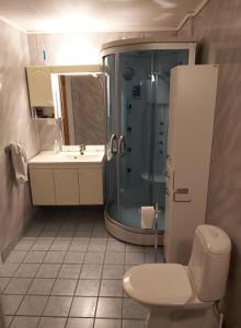 a bathroom with a shower and a toilet and a sink at Ålesund Apartment with free parking in Ålesund