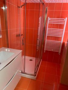 baño rojo con ducha y lavamanos en Casa da Gracita, en Pereira