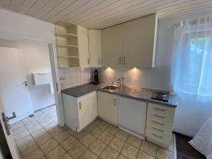 eine Küche mit weißen Schränken und einem Waschbecken in der Unterkunft Ferienwohnung Geiger in Sersheim