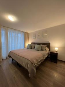 a bedroom with a large bed and a large window at Departamento en el centro de concepción, 2 dorm. in Concepción