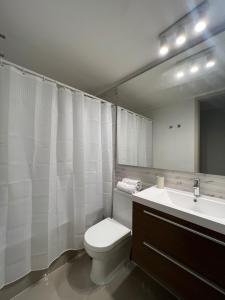 a bathroom with a toilet and a sink and a mirror at Departamento en el centro de concepción, 2 dorm. in Concepción