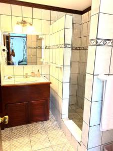 uma casa de banho com um lavatório, um chuveiro e um espelho. em Lovely 2-BDroom Condo in Laguna Eco Village Resort em Quepos
