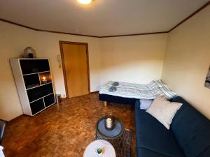 uma sala de estar com um sofá azul e uma mesa em Privat rom i leilighet em Sogndal
