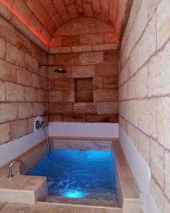 una vasca da bagno con acqua blu in una camera in mattoni di Azalea Suite Deluxe a Sannicola