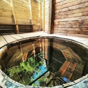 una piscina en medio de una habitación con una pared de madera en Cabañas Piedra Luna, en San Alfonso