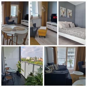 a collage of photos of a bedroom and a living room at Apple Apartments - Mickiewicza PRYWATNE MIEJSCE PARKINGOWE in Łódź