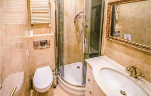 une salle de bain avec toilettes, lavabo et douche dans l'établissement Holiday Home Nowe Warpno With Fireplace I, à Nowe Warpno