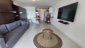 TV a/nebo společenská místnost v ubytování Appartement PIEDS DANS L'EAU VUE MER ACCES PLAGE ET PISCINE