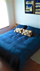 a blue bed with two pillows on top of it at Casa Bosque Paraíso in Pucón