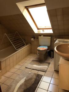 a bathroom with a toilet and a sink and a skylight at Deichblick in Brunsbüttel