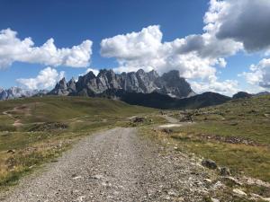 uma estrada de terra num campo com montanhas ao fundo em Paradise Dolomiti flat em Falcade