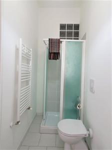 y baño con aseo y ducha acristalada. en Affittacamere Casa Cynda, en Follonica