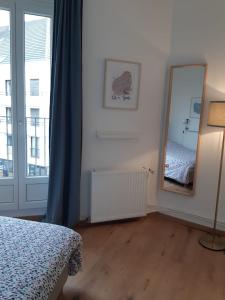 - une chambre avec un miroir, un lit et une fenêtre dans l'établissement Cosy T2 31m2 - Centre-Ville Dijon - Gare et Darcy, à Dijon