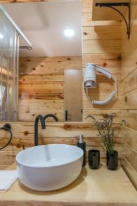a bathroom with a white sink on a counter at Log cabins Banjska stena in Mitrovac