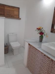 La salle de bains blanche est pourvue d'un lavabo et de toilettes. dans l'établissement Casa do Artista, à Trancoso