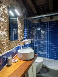 bagno con lavandino, servizi igienici e piastrelle blu di Casa Peón de Pardaces a Santiago de Compostela