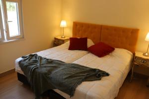 1 dormitorio con 2 camas individuales y almohadas rojas en Herdade do Montinho, en Portalegre
