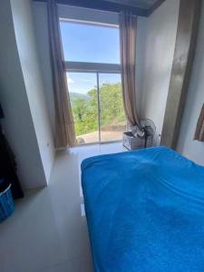a bedroom with a blue bed and a large window at Casa De Pueblo Japanese Shrine Unit 2 in Valencia