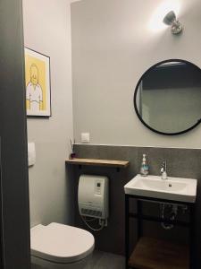 W łazience znajduje się toaleta, umywalka i lustro. w obiekcie Góra Spokoju Osada klimatyczna-leśna w mieście Inowłódz