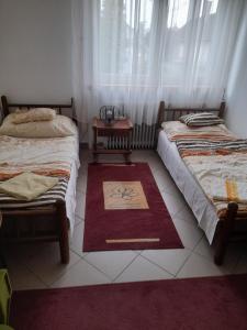 a bedroom with two beds and a rug on the floor at Thelena Apartman in Tolna