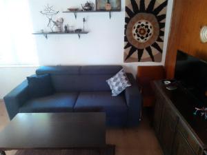 salon z niebieską kanapą i stołem w obiekcie Manjina kuća w mieście Fužine