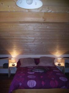 Gite du Brin d'Herbe في بونتارليه: غرفة نوم بسرير ارجواني مع مصباحين