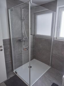 a shower with a glass door in a bathroom at Ferienwohnung zur lustigen Gabi in Thiersee